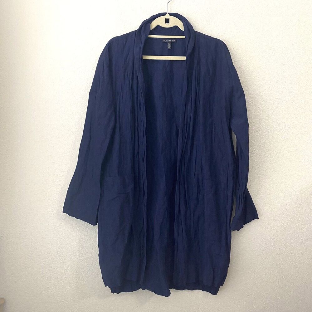 Eileen Fisher Cardigan Womens Medium Long Line Duster Organic Cotton Blend Blue